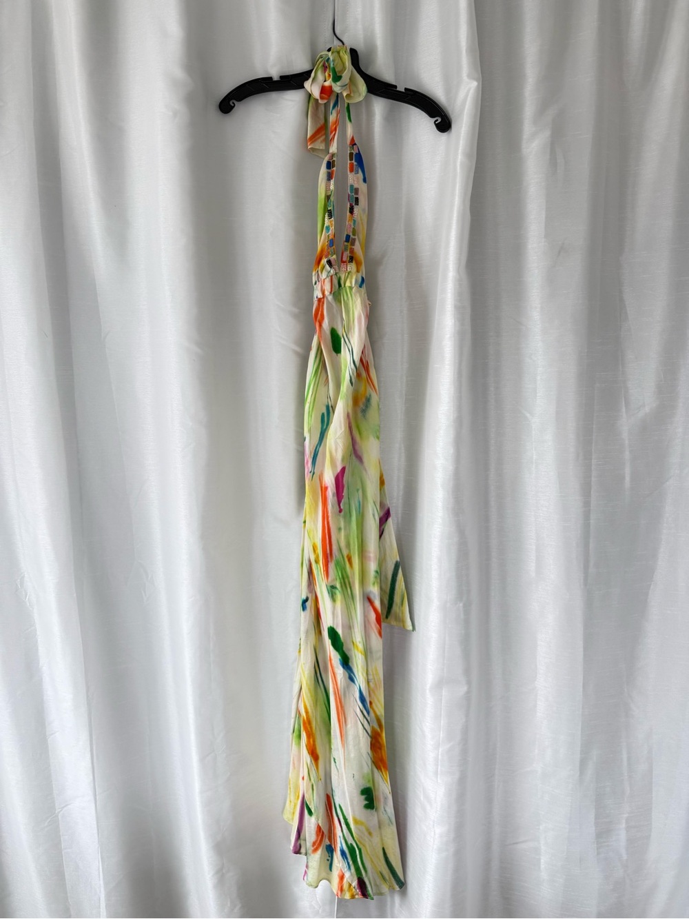 Chelsea Flower 100% Silk Multi-Color Watercolor Halter Maxi Dress Size S